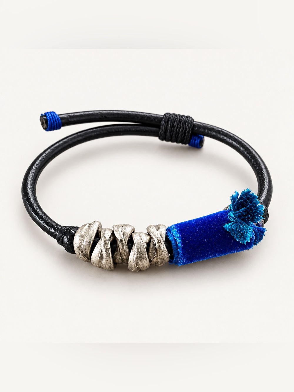 Handmade Artisan Black Leather Bracelet with Silver-Tone Beads